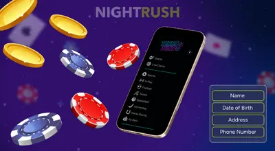 A phone with Turbo Wins, a bunch of casino chips, and a register button against a blue background.