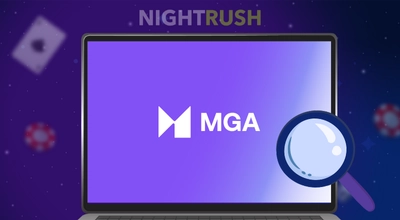 A laptop shows the MGA logo with a magnifying glass on a starry background.