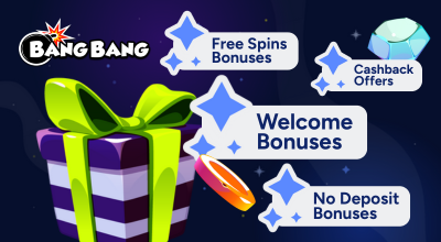 Bang Bang Games logo, a bunch of casino bonuses, and a gift box against a dark setting.