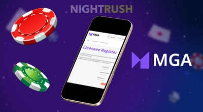 A phone shows a licence register, casino chips and the MGA logo next to it on a starry background.
