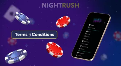 A phone with Turbo Wins, a bunch of casino chips, and a terms button against a blue background.