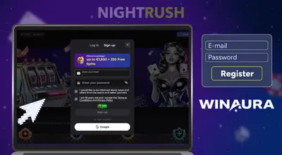 Winaura on a laptop with a register button, a cursor and the Winaura logo on a purple setting.