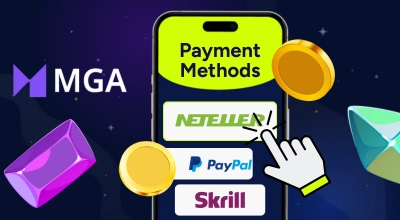 Payment methods and a cursor on a phone with casino items and the MGA logo around it.