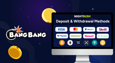Bang Bang Games logo, payment options on a screen, two gold coins against a dark setting.