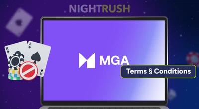 MGA logo on a laptop, with responsible gambling terms & conditions symbols on a starry setting.