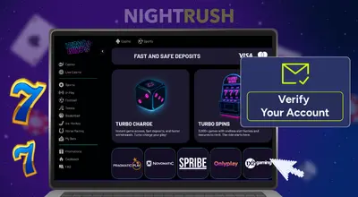 A laptop with Turbo Wins, two sevens, and a verify button against a blue background.