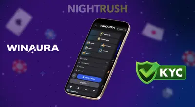 Winaura on a phone with a KYC button and the Winaura logo on a purple setting.