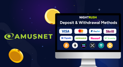 Deposit & withdrawal methods on a screen, two golden coins, Amusnet logo on a blue background.