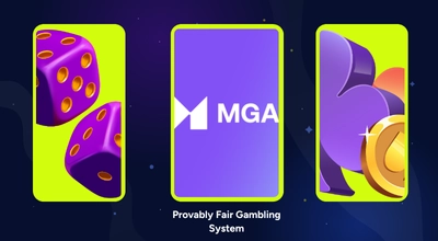 Three boxes showing dice, the MGA logo and casino items, with provably fair gaming systems text.