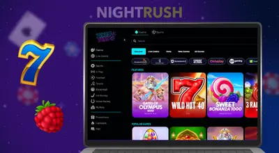 A laptop with Turbo Wins' games, a seven and a cherry against a blue background.