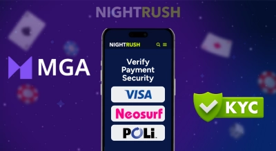 A phone shows payment methods and a text, with MGA and KYC logos around it on a starry background.
