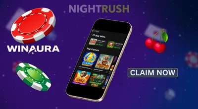 Winaura games on a phone with two chips, a cherry, and claim now button on a purple setting.