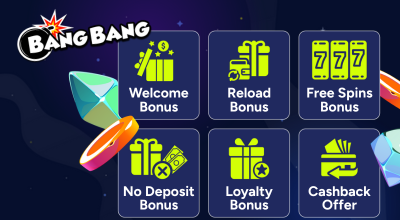 Bunch of casino bonuses and items, and the Bang Bang Games logo against a dark setting.