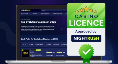 Laptop showing Nightrush website, approved badge.