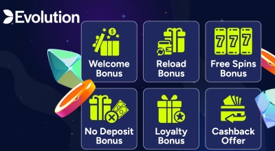 Infographic showing bonuses, Evolution logo.