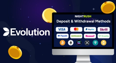 Laptop showing payment methods, Evolution logo.