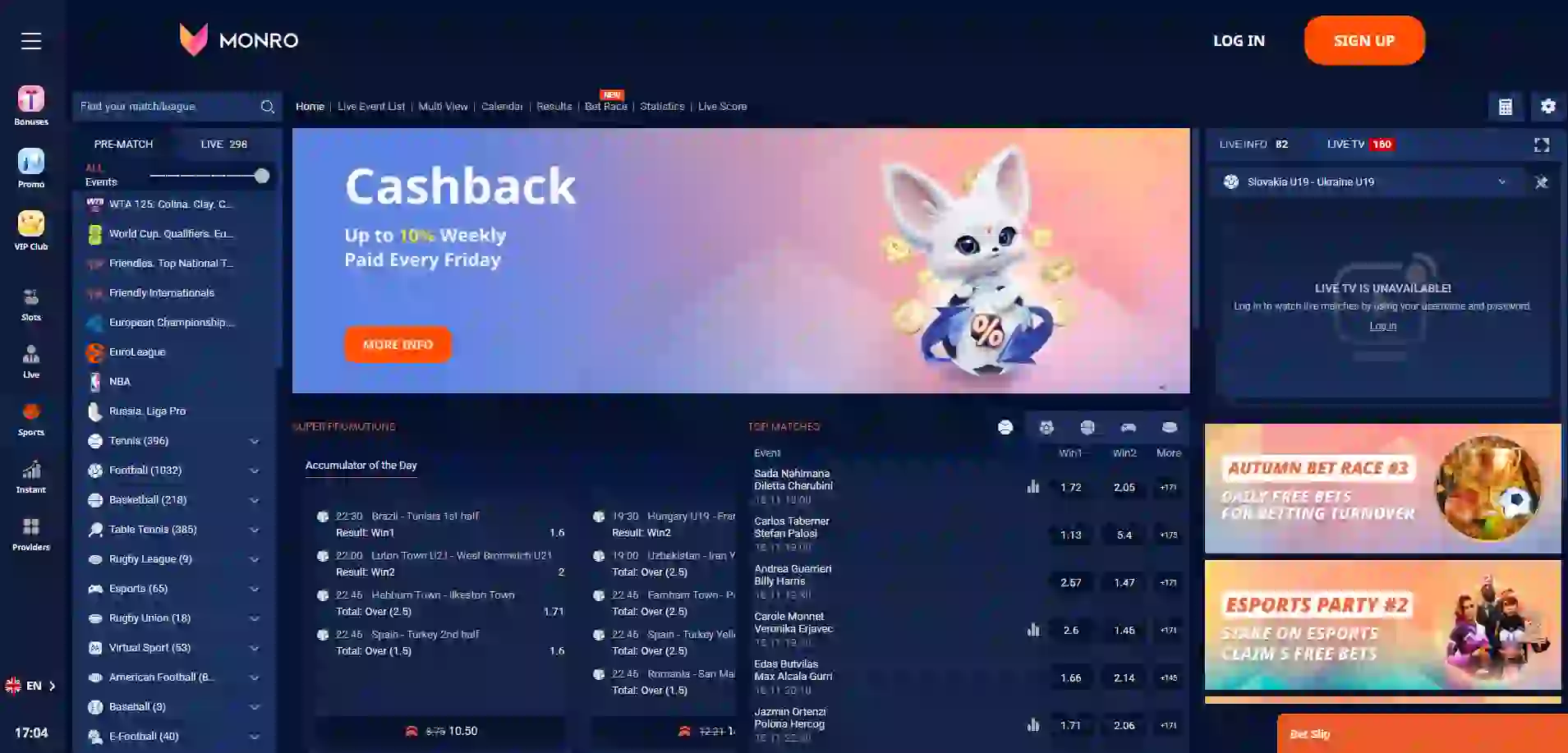 Monro Casino sports betting page