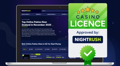 Laptop showing Nightrush website, approved badge.