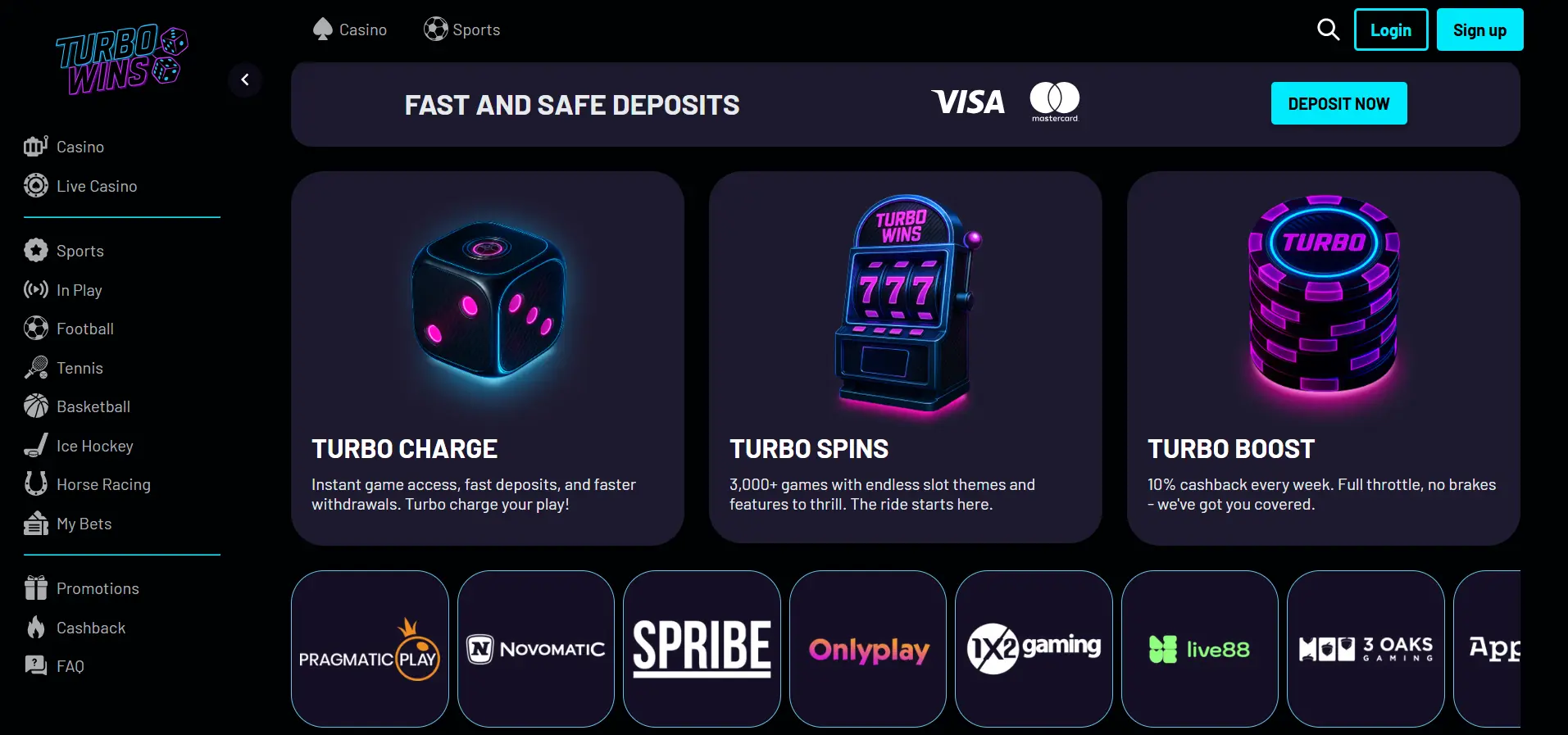 Turbo Wins Casino's homepage with the menu, providers, and features against a black background.