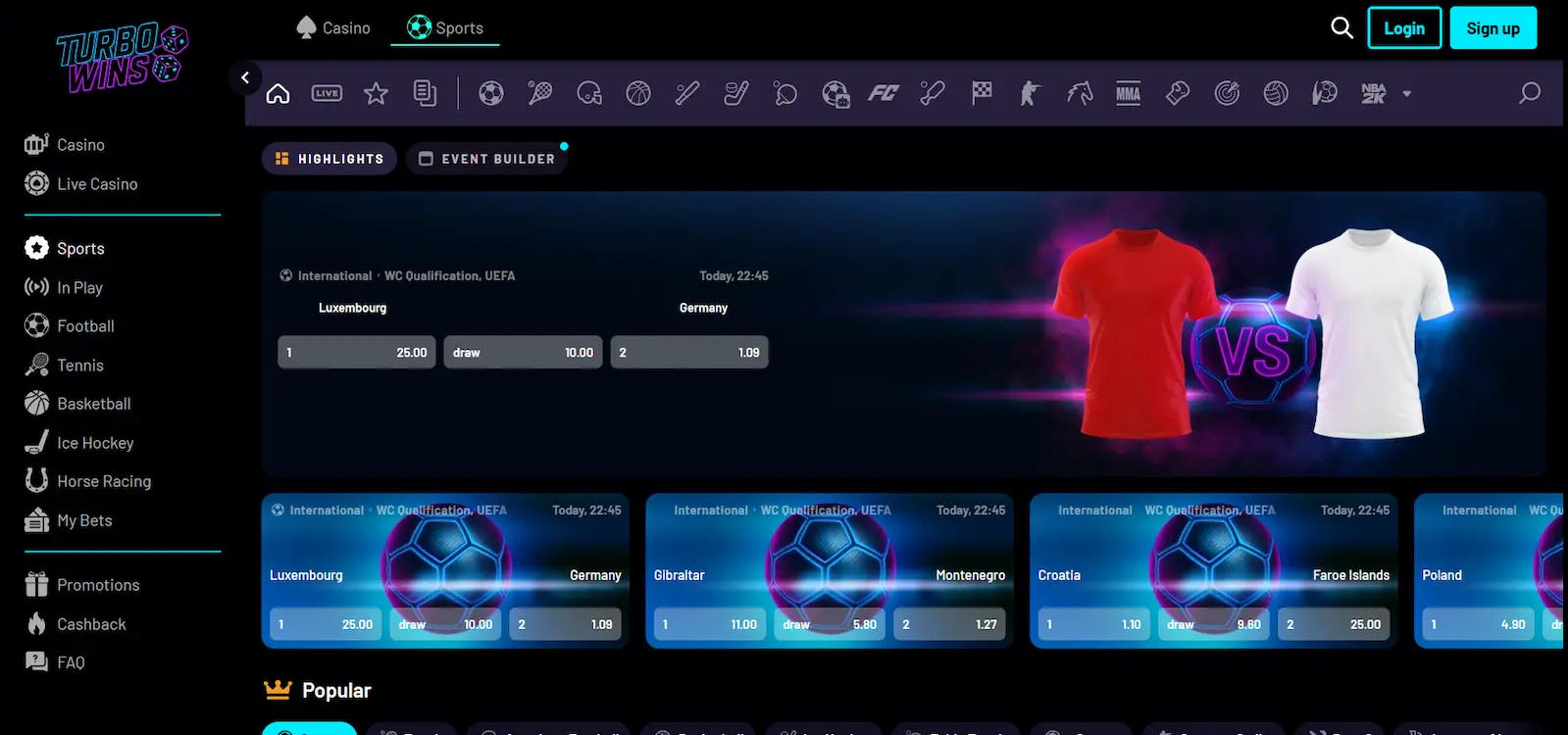 Turbo Wins Casino's sportsbook with the menu, events and branches against a black background.