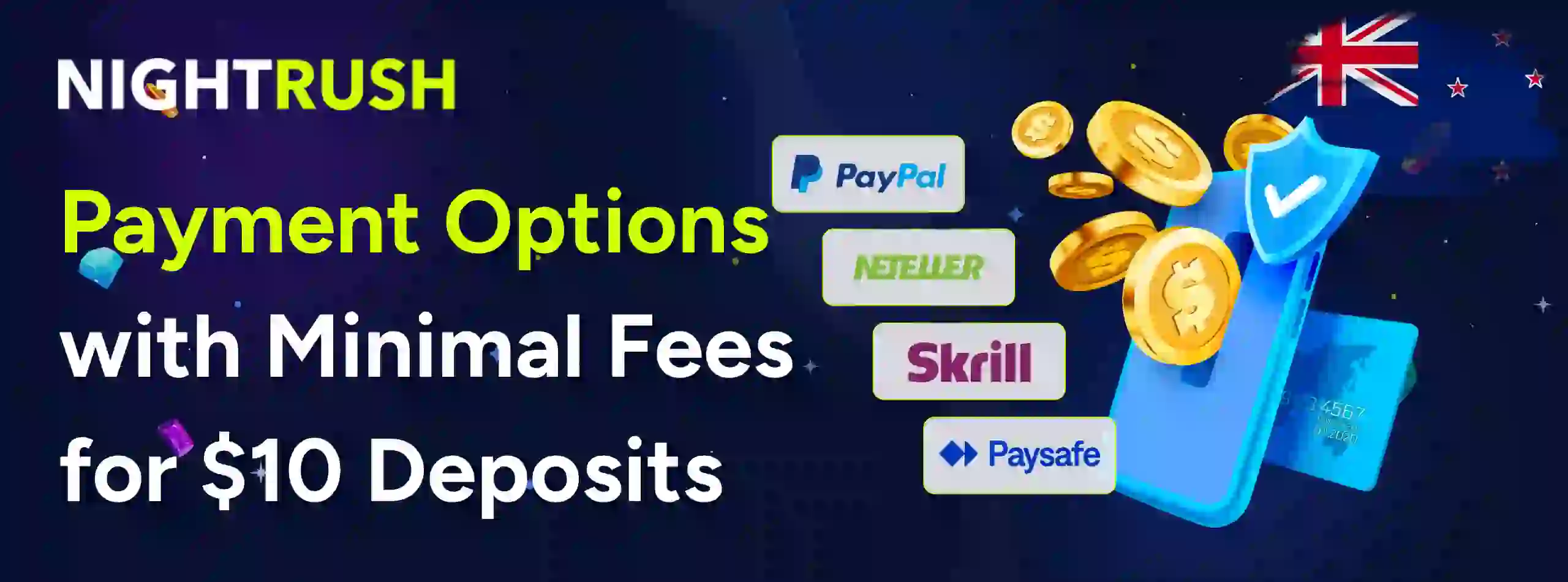 Banner with the text Payment Options with Minimal Fees for $10 Deposits
