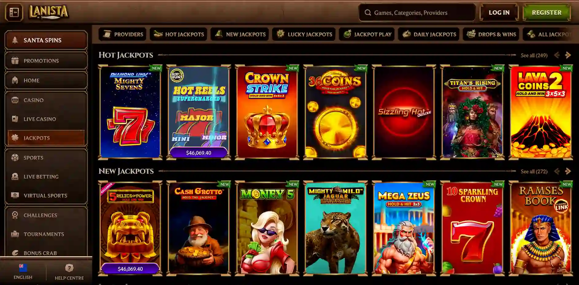Lanista Casino game selection.