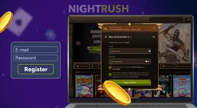 Laptop shows a registration form with email and password fields.