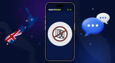 The NZ flag and two bubbles, responsible gambling on a phone with a Mastercard logo.