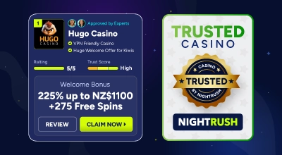 Casino review card with trusted casino badge and welcome bonus details.