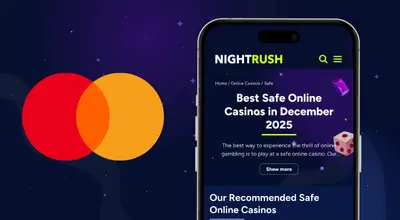 Safe casinos on a phone with a Mastercard logo against a blue background.