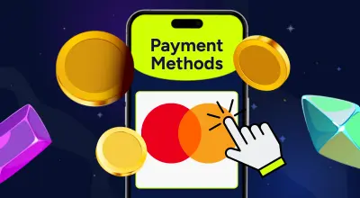 Payment methods on a phone with Mastercard selected against a blue background.