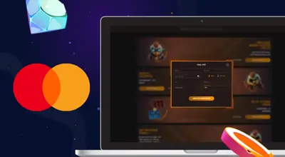 Casino registration on a laptop with a Mastercard logo and casino items against a blue background.