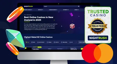 Casinos on a screen with a certificate and a Mastercard logo against a blue background.