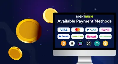 Payment methods on a laptop with casino items against a blue background.