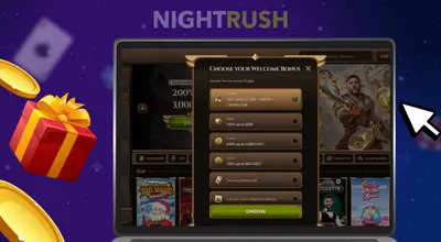 Laptop displays a Choose Your Welcome Bonus selection modal with multiple options.