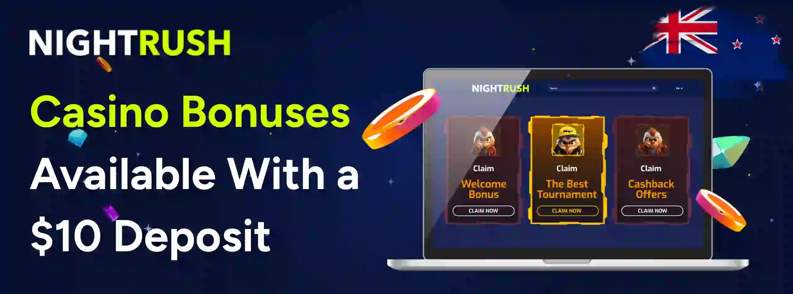 Banner with the text Casino Bonuses Available With a $10 Deposit