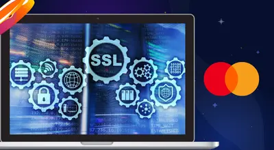 SSL on a laptop screen with a Mastercard logo against a blue background.