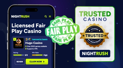 Trusted online casino by Nightrush with a fair play badge.