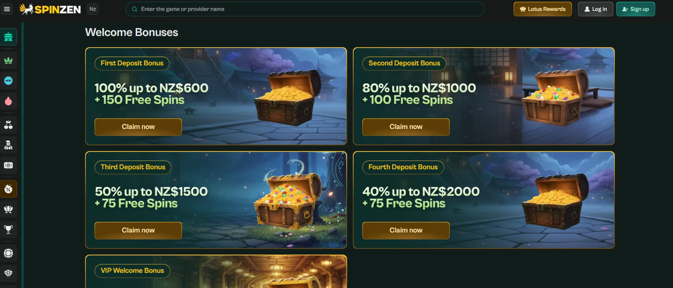 Screenshot of Spinzen promotions page 