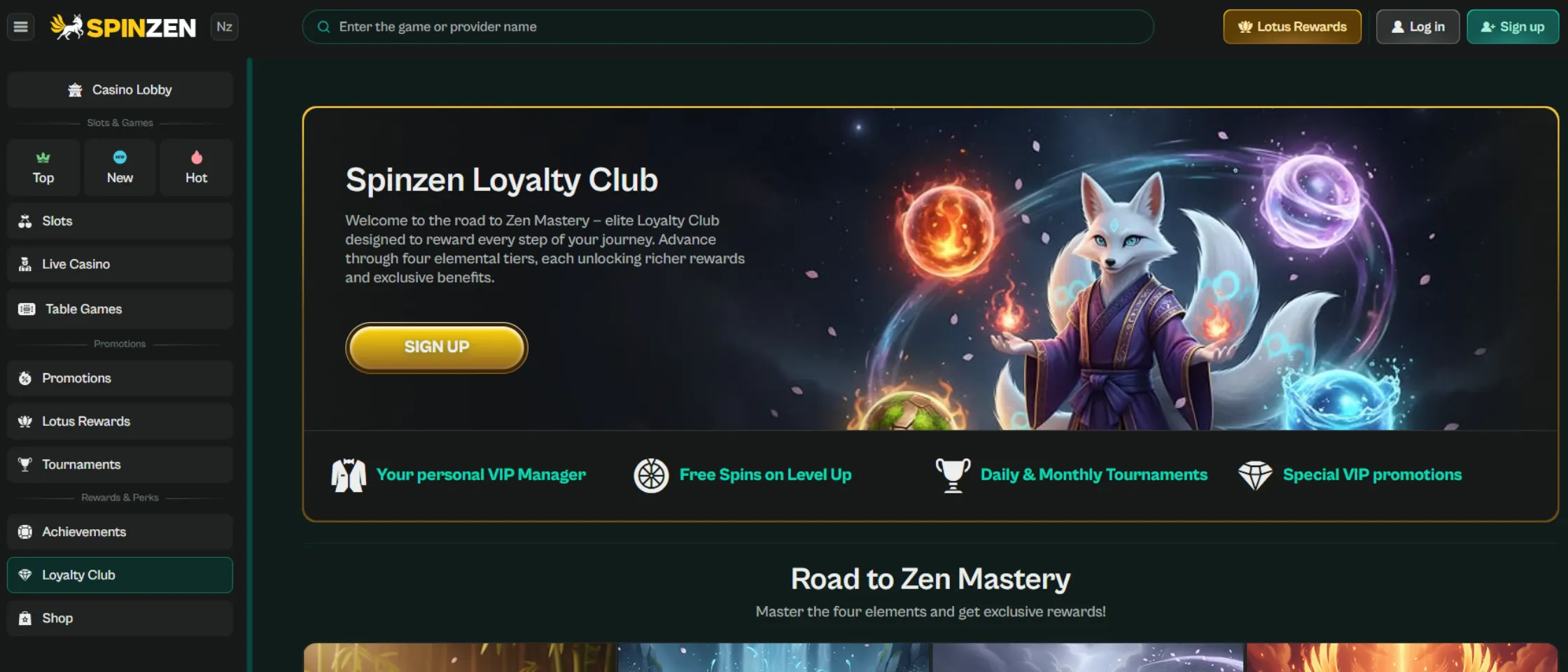 Screenshot of Spinzen VIP program 