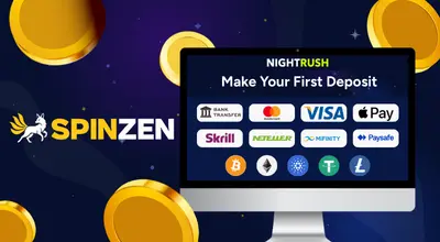 Laptop shows payment methods, Spinzen logo next to it.