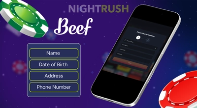 Beef Casino is on a phone with two coins and a personal details button on a starry background.
