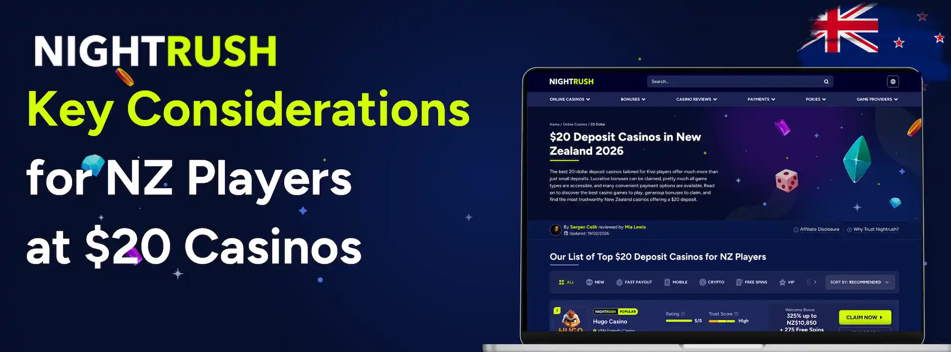 Promotional banner for $20 casinos in NZ.