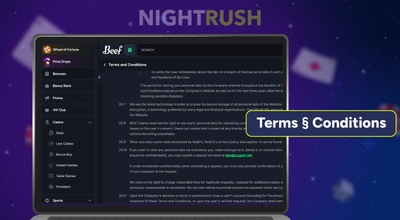 Beef Casino is on a laptop with a terms button on a starry background.
