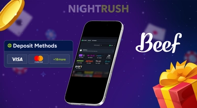 Beef is on a phone with a coin, a gift box, a deposit button, and the casino logo on a starry background.