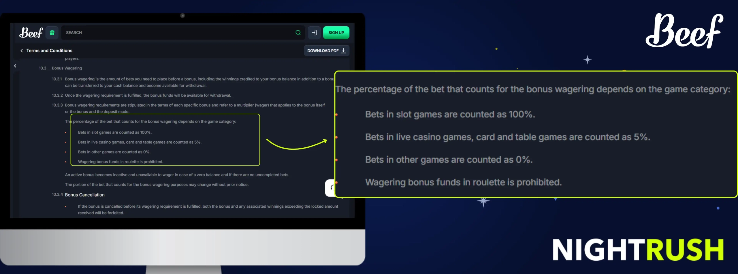 Terms of the Beef Casino on a screen with game contributions highlighted against a starry background.