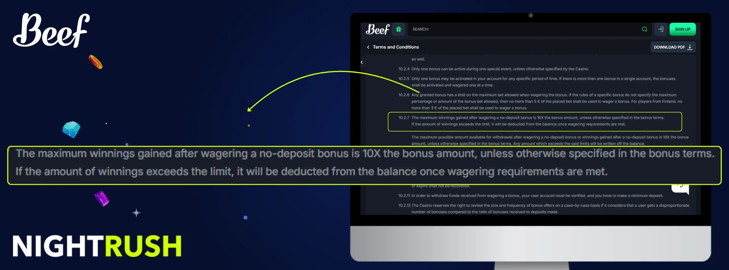 Terms of the Beef Casino on a screen with 10x max winnings highlighted against a starry background.