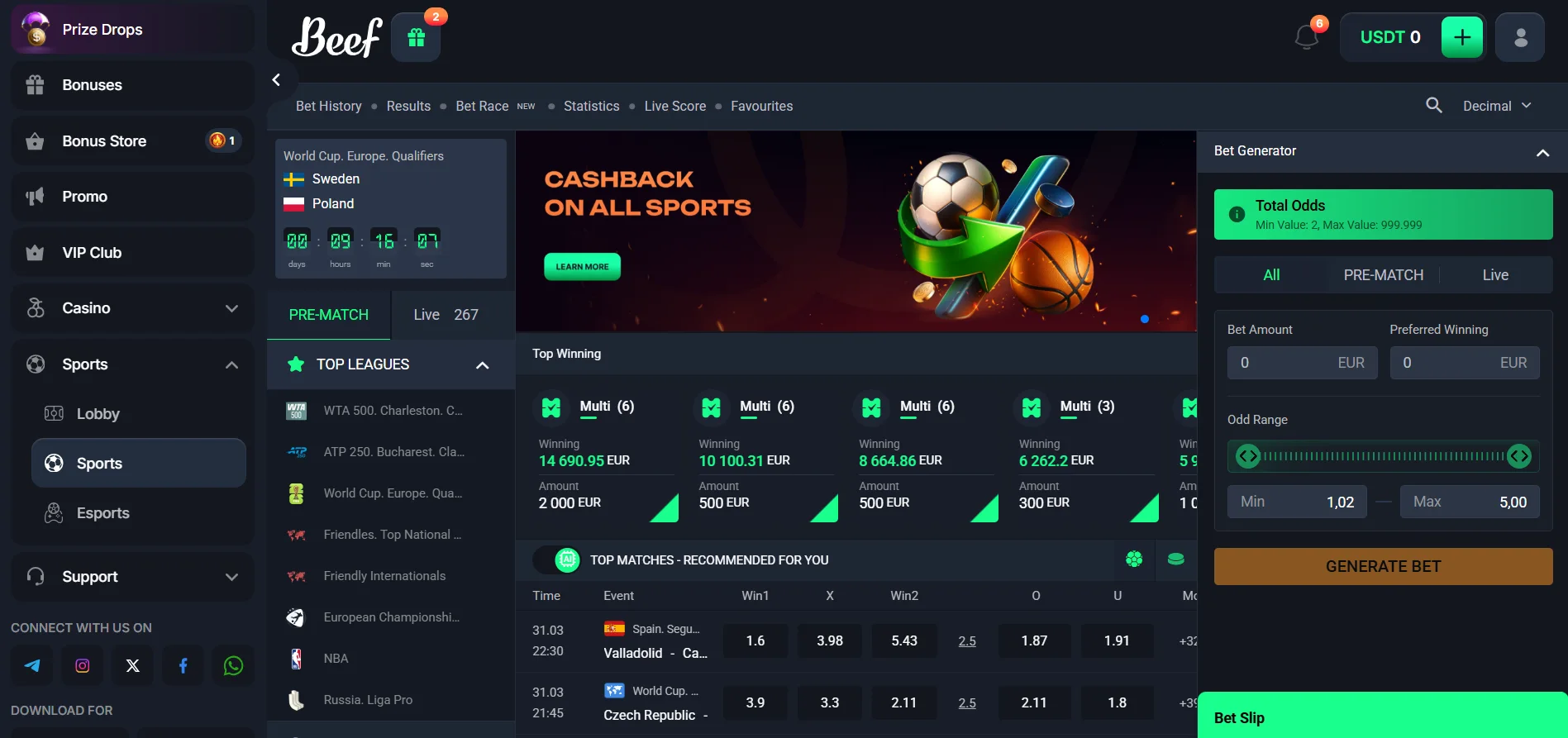 Beef Casino's sportsbook with a menu, leagues, and a bet generator against a grey background.