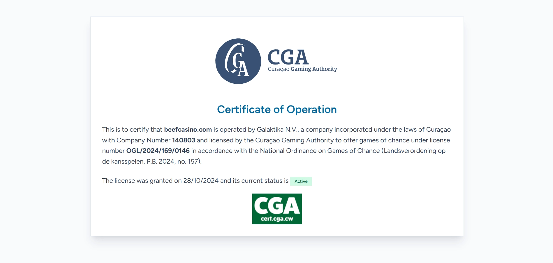 Beef Casino's CGA certificate of operation against a white background.