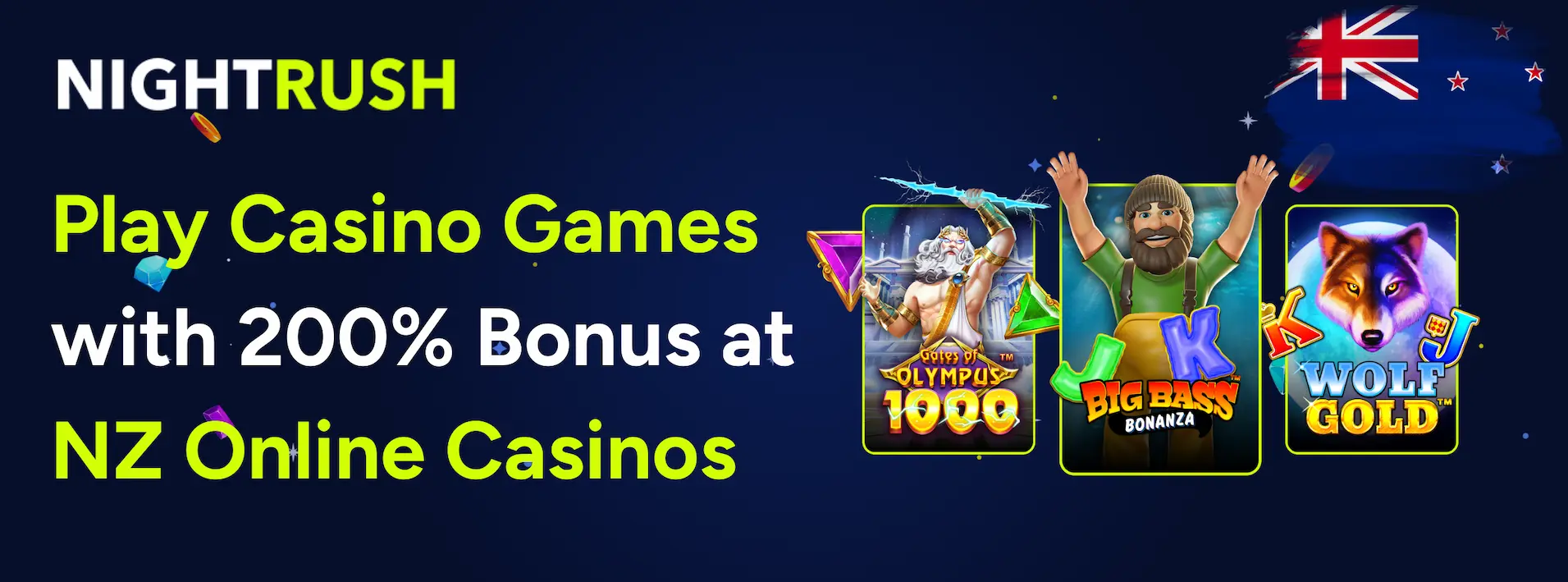 Text and popular casino games like Big Bass Bonanza on dark blue background.